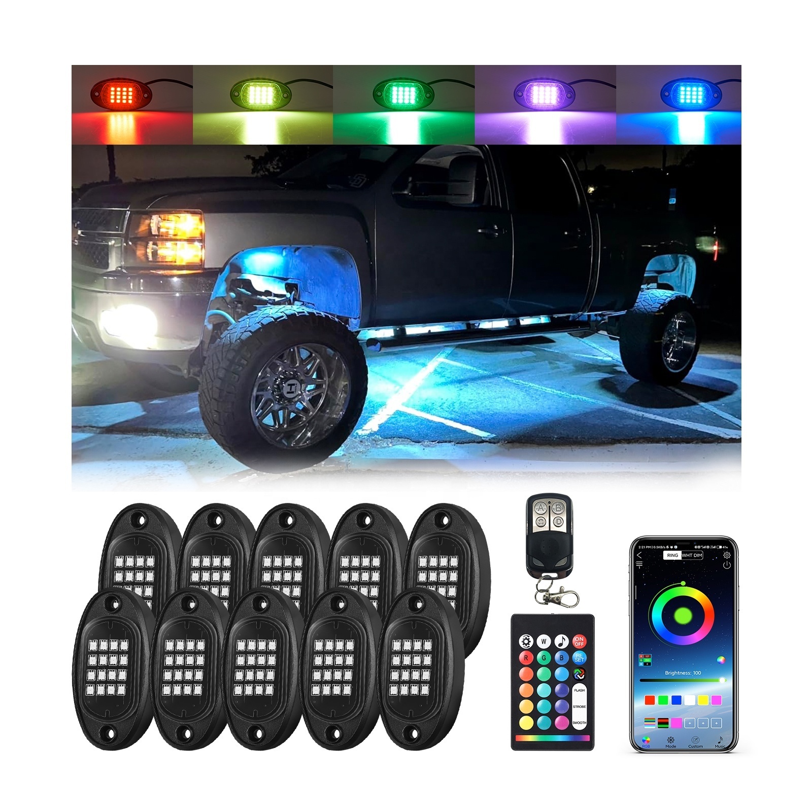 8/10/12Pods RGB LED Rock Lights with APP/RF Remote Brake Lights, Multilcolor Neon Underglow Lights 12v for Truck Jeep ATV UTV