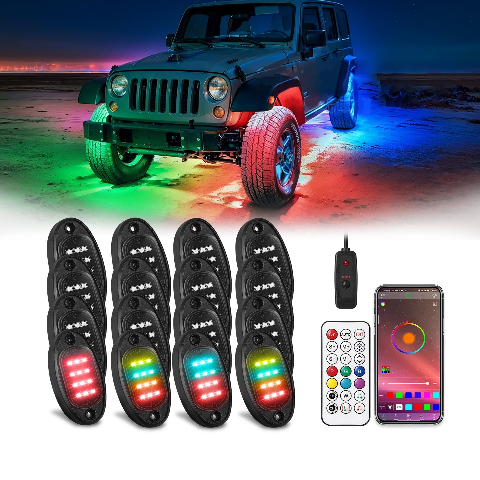 Rock Lights 16 Pods with Remote Truck Lights Bright 24 Chip Custom Car Exterior Truck Parts Auto Lighting Systems