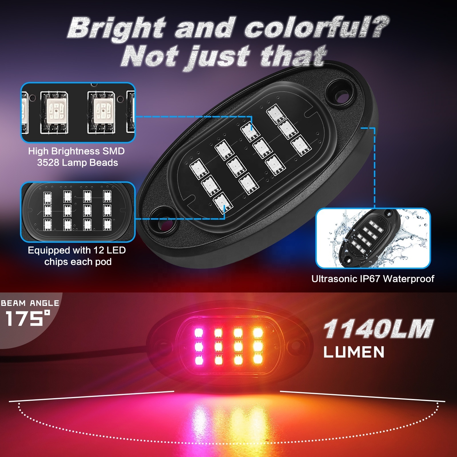 10Pods RGB Rock Light Kit 36w 12v with APP Remote Truck Parts Wheel Lights for Jeep ATV 4x4 Off Road Truck SUV