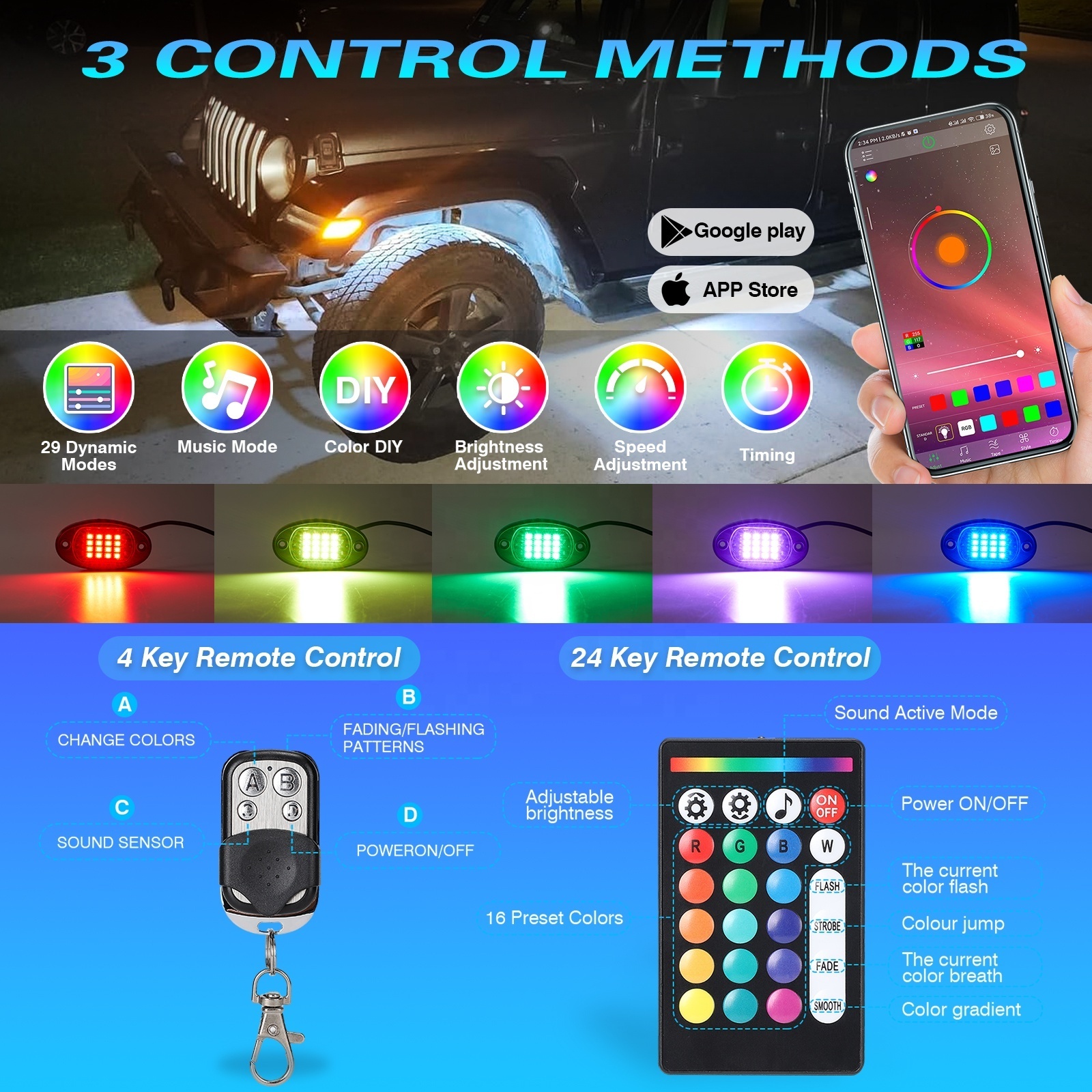 4/6/8/10/12 Pods Rock Lights APP Controller Waterproof 12 Volt For Mini Truck Atv 4x4 Off Road Truck SUV