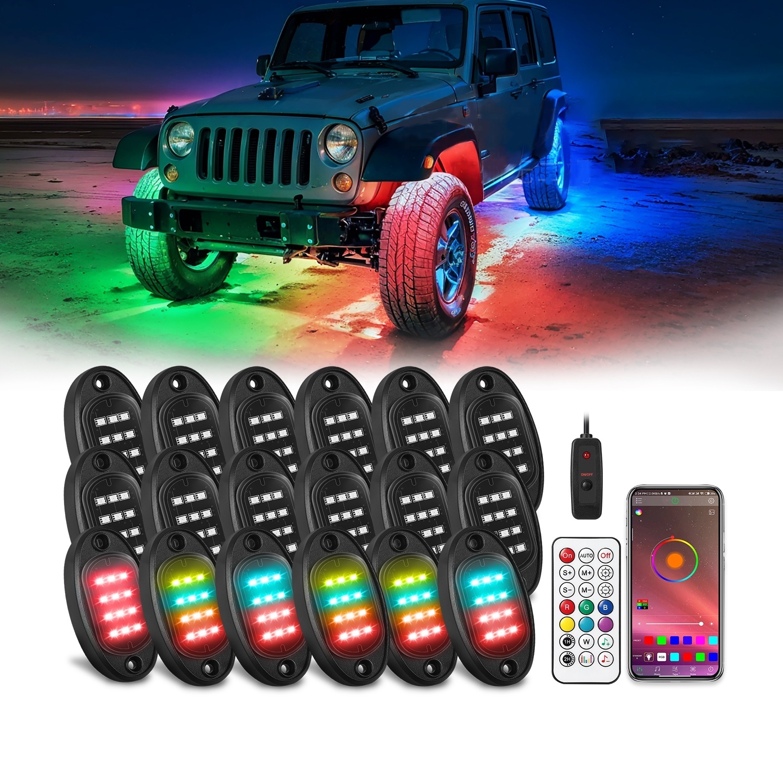 18Pods Bright Rock Lights APP Remote Controller Neon 24 watt Under Car Rock Lights for 4x4 Off-road Truck UTV ATV Boat