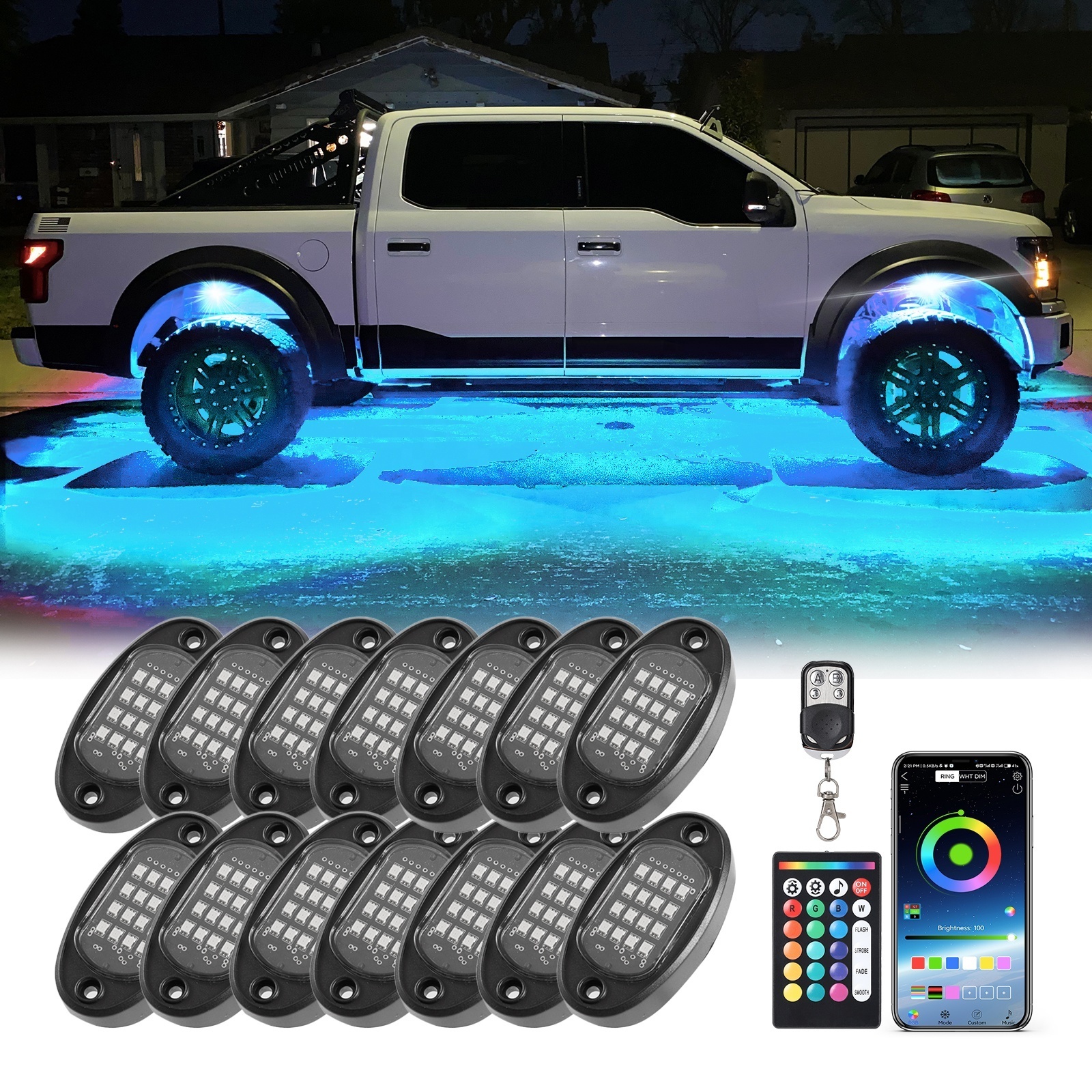 14Pods Rock Light Kit Blue-tooth Control LED Under Car 12v Waterproof For Jeep Truck SUV ATV UTV RZR SUV