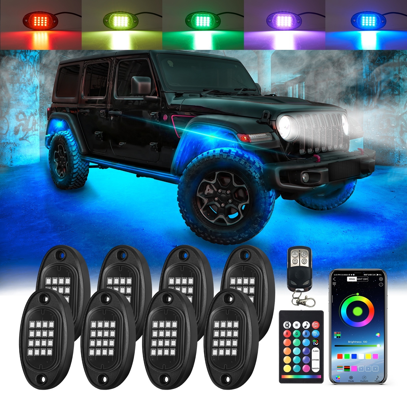 8 Pods LED Rock Lights for Jeep, RGB Rock Lights with APP/RF Remote Control, Multilcolor Neon Underglow Lights for Car UTV 12v