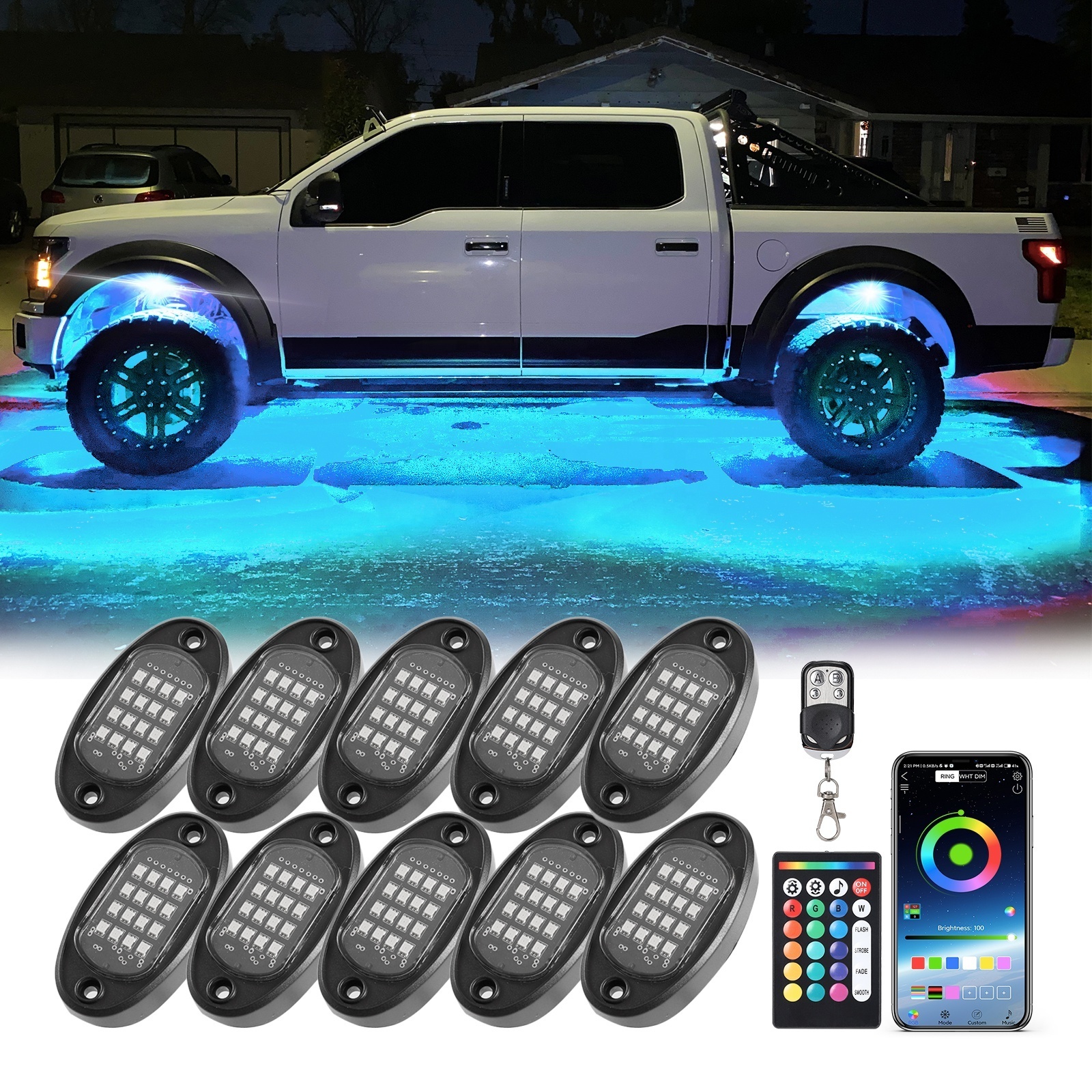 10Pods RGB Rock Lights APP Control Neon Underglow Lighting 16 led Rock Light for Jeep Off Road SUV Car ATV