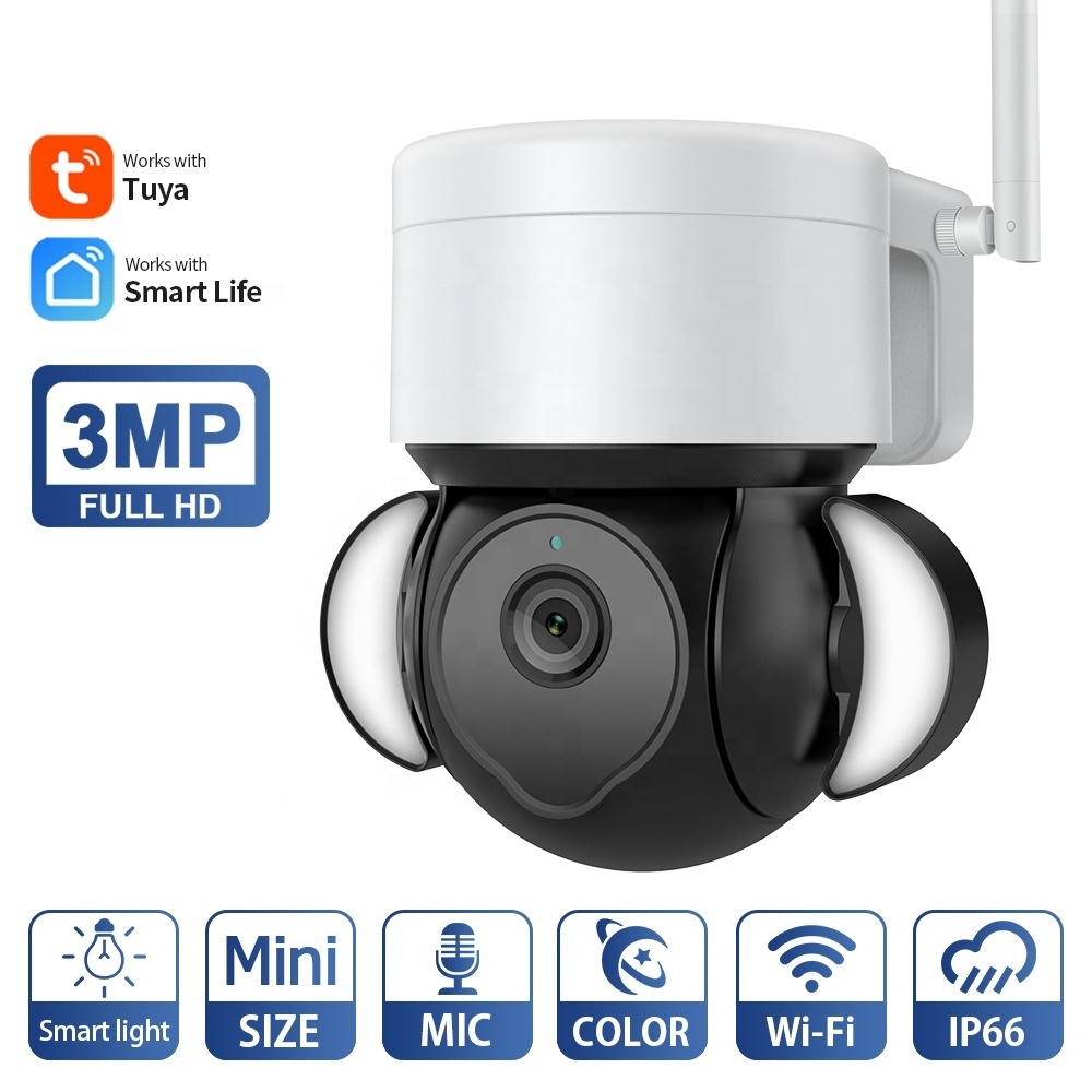 Tuya Smart Life App Security WiFi Outdoor Waterproof 3MP IR Floodlight Mini PTZ Camera