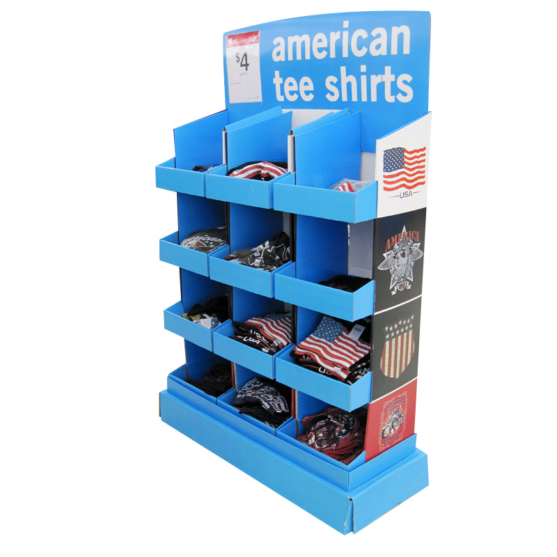 Portable cardboard floor hook display stand retail supermarket half pallet apparel socks underwear clothing t shirt display