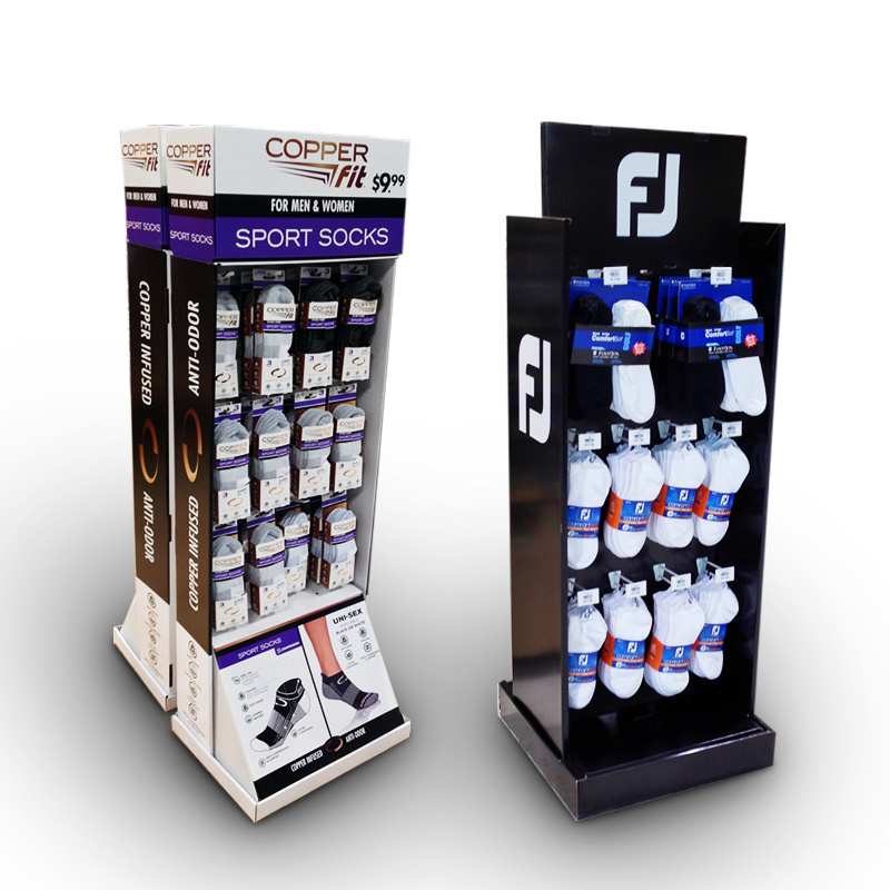 shops floor cardboard pos carton display with hooks sports product pegboard hanging socks display stand with hooks