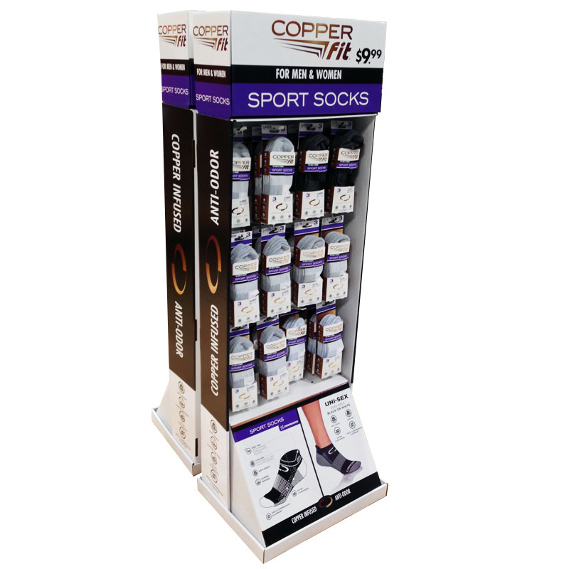 shops floor cardboard pos carton display with hooks sports product pegboard hanging socks display stand with hooks