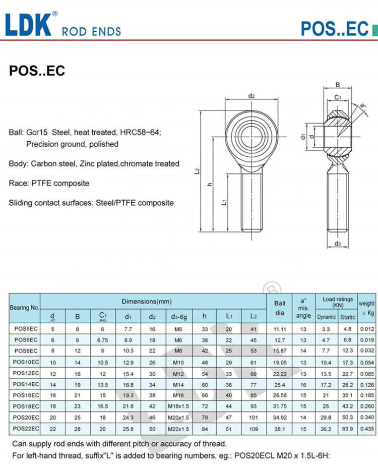 LDK High Precision Metric Thread Ball Joint Rose POS6EC Self-lubricated Type Rod End Bearings