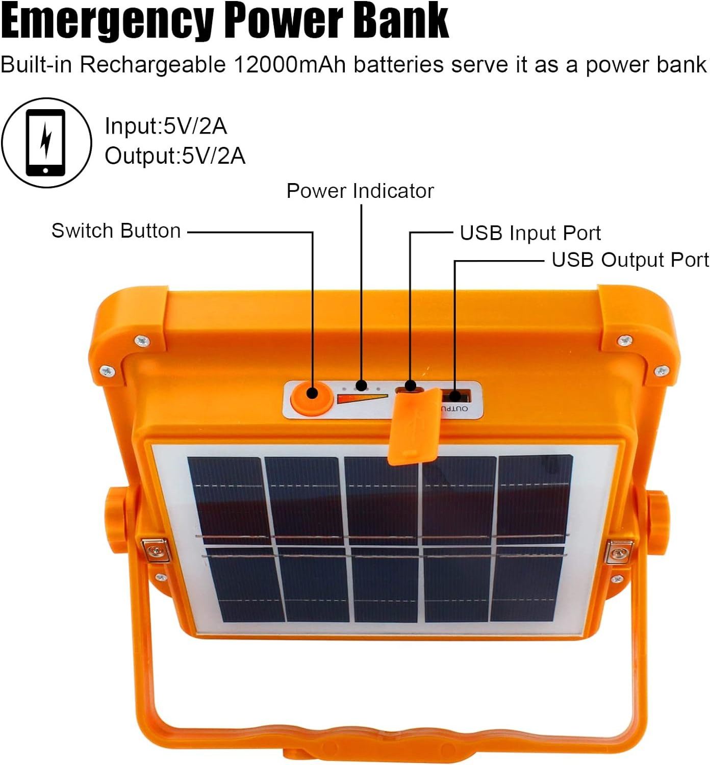 5 Modes Solar Usb Rechargeable Work Light IP66 Waterproof 200w 300w 600w 800w Portable Outdoor Flood Light