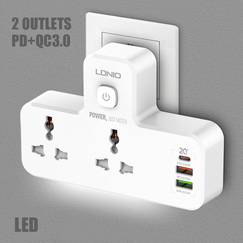 LDNIO SC2311 2500W 100-250V Extension Strip With 3 Usb Ports LED Light 2 Outlets Smart Power Strip Universal Usb Power Socket