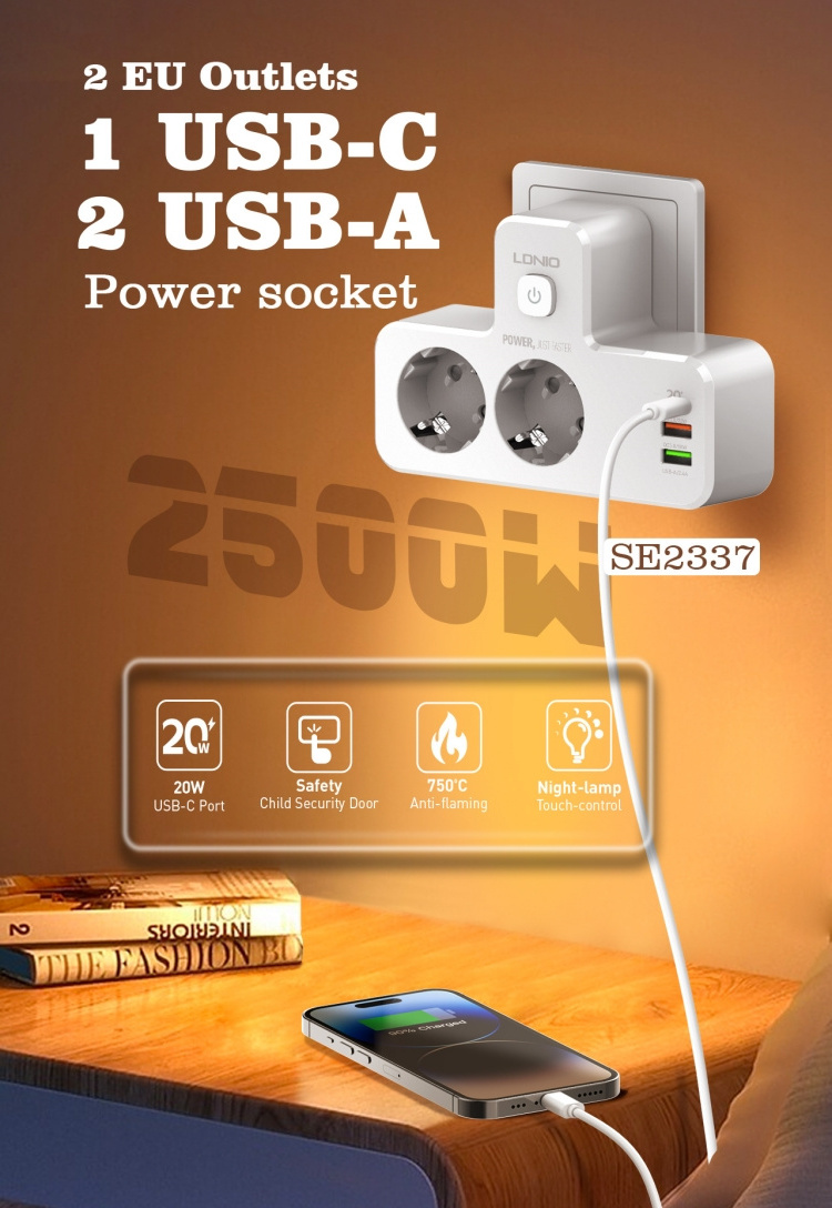 LDNIO SE2337 EU Plug 2 AC 3 USB Port Charger Power Independent Switch Power Strip with Night Lamp Light Wall Extension Socket