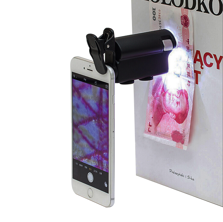 NO.7751W  LED&UV lamp mobile phone clip microscope 60x/100x Jewelry Magnifier Plastic Pocket Stand Loupe