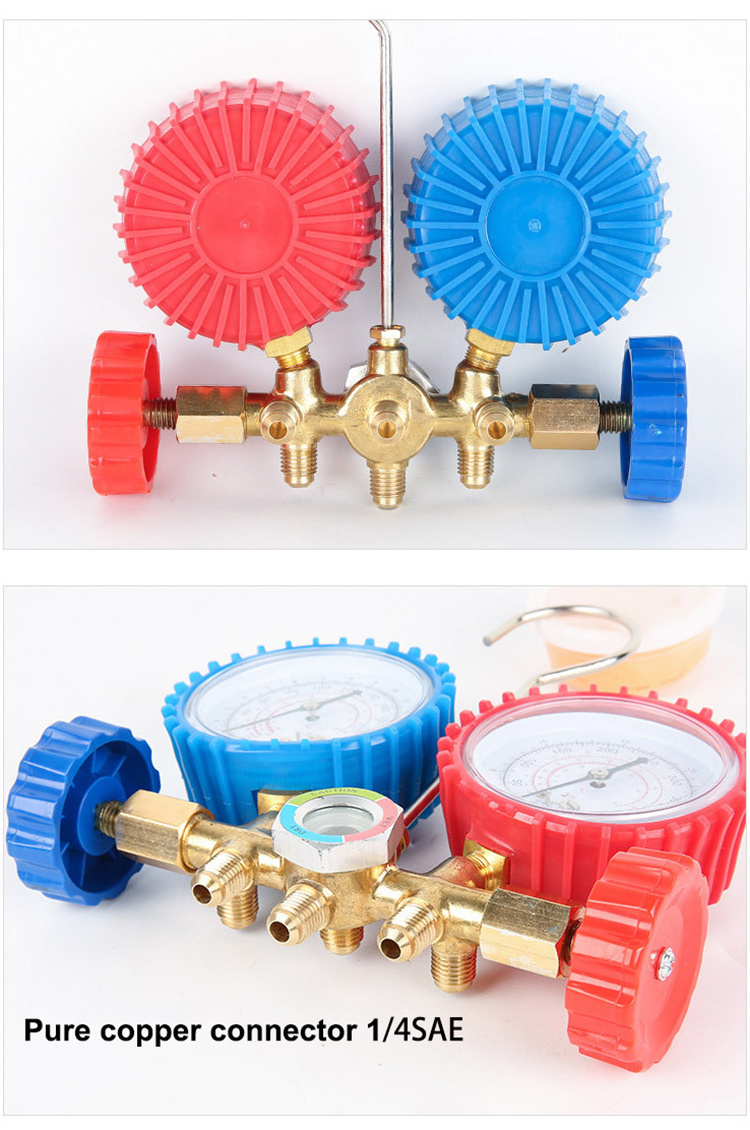 R22 Double ac Car Air Condition Repairing Hvac Pressure Manifold Gauge Set with Charging Hose