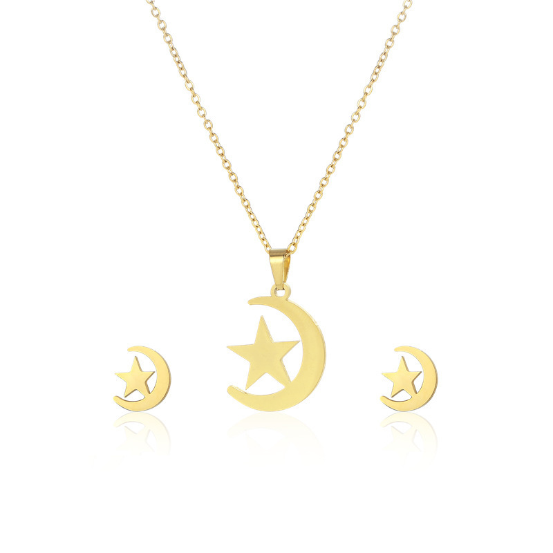 Minimalist Style Waterproof Stainless Steel 18K Gold Star and Moon Necklace Jewelry Set For Women