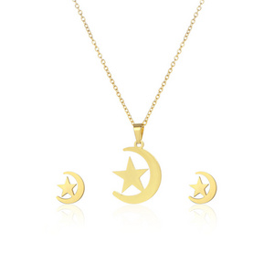 Minimalist Style Waterproof Stainless Steel 18K Gold Star and Moon Necklace Jewelry Set For Women