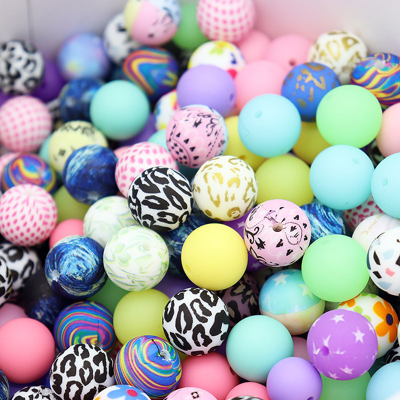 Manufacturers BPA free soft solid custom printed wholesale 12mm 15mm 19mm focal silicone beads