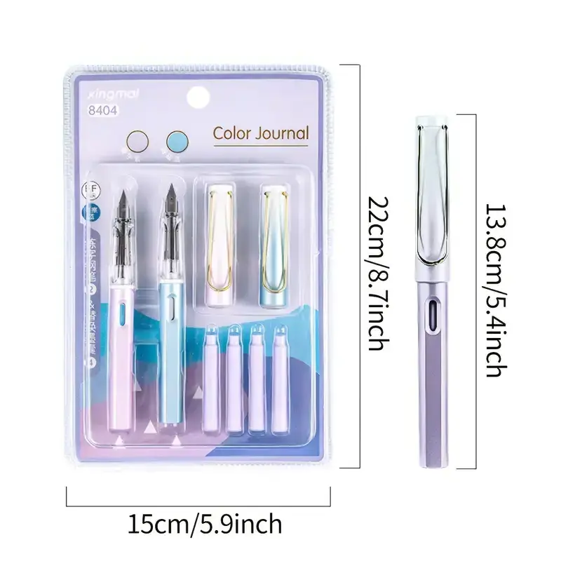 Color Fountain Pen Set(2 Pens 4 Ink Sacs  ) For Writing Drawing Signing For School Office 0.38mm