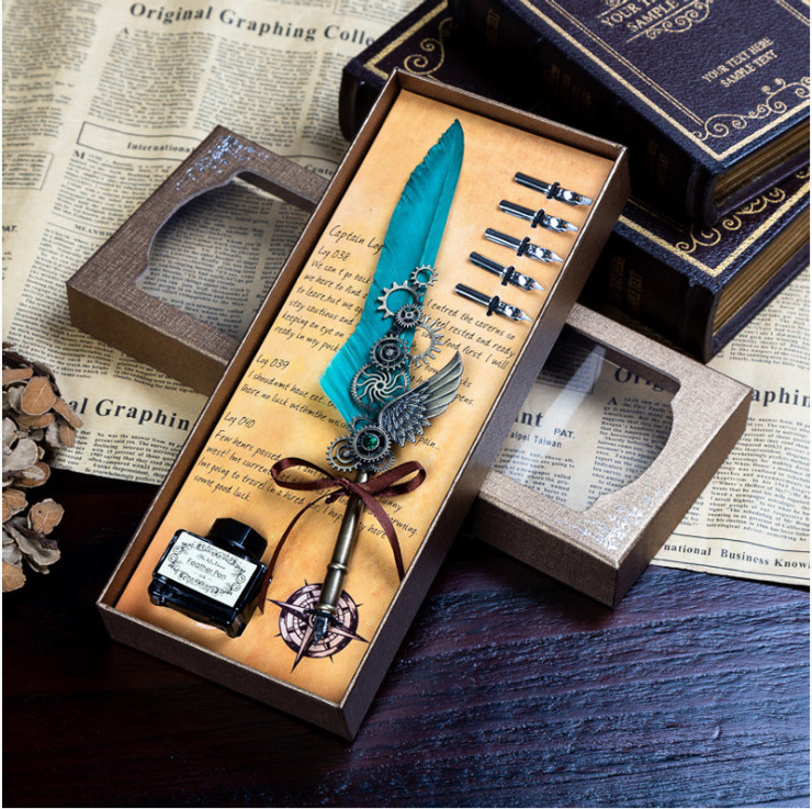 Wholesale selling gift box dip ink advertising gift pen feather pen set