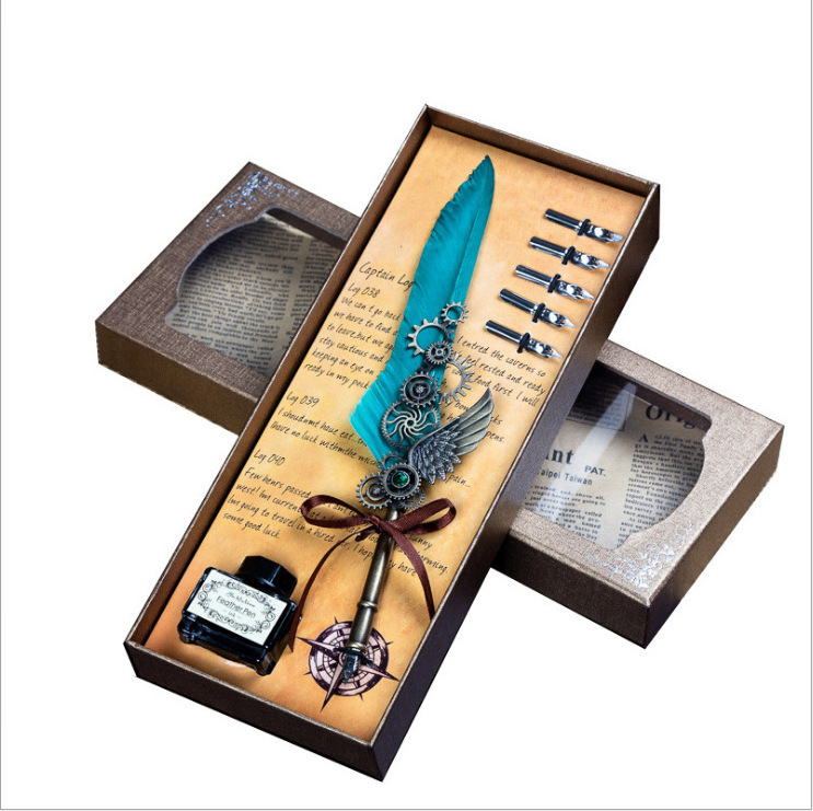 Wholesale selling gift box dip ink advertising gift pen feather pen set