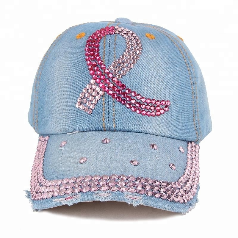 Women Ripped Jean with Rhinestone AIDS Red Ribbon 6 Panels Breast Cancer Prevention Month Baseball Cap Hats