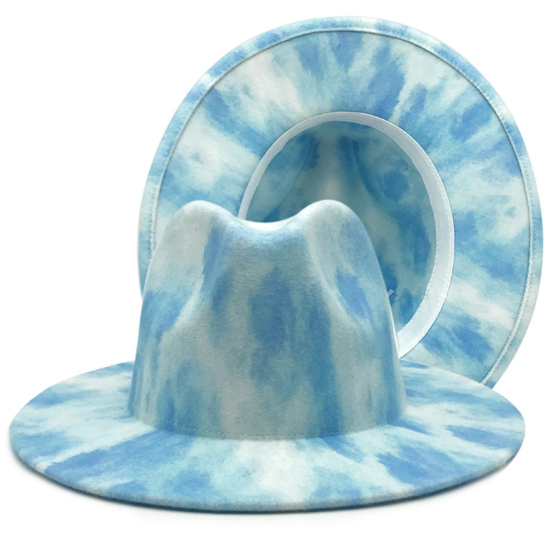 Double-sided tie dye woolen top hat wide brim panama hat floppy fedoras hight quality outdoor travel beach hat