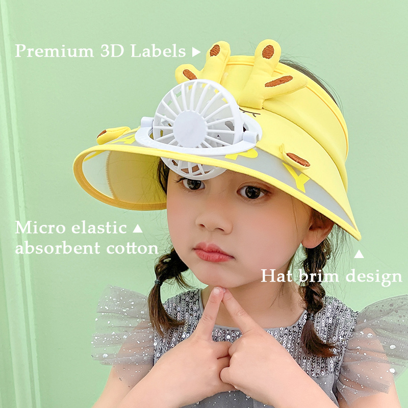 Cute Kid Size Sun Hat Rechargeable Cooling Fan Visor Cap Empty Top Coolfans Animal Style Child Wide Visor Hats