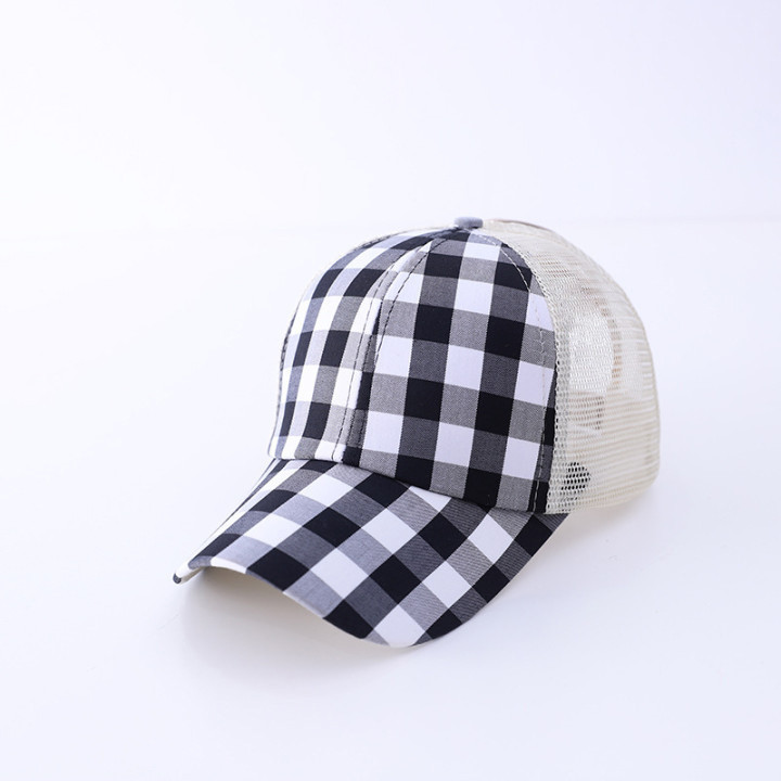 High Messy Buns Trucker Ponycap Hat Hallow Out Check Mesh CrissCross Baseball Hat Women Plaid Baseball Ponytail  Hat