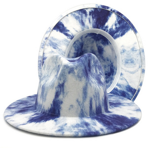 Double-sided tie dye woolen top hat wide brim panama hat floppy fedoras hight quality outdoor travel beach hat