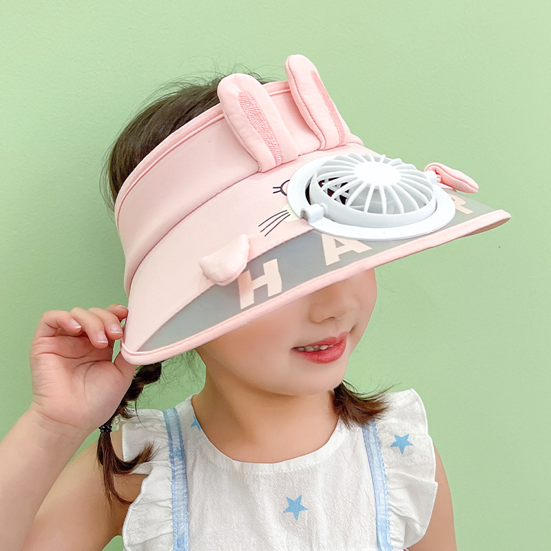 Cute Kid Size Sun Hat Rechargeable Cooling Fan Visor Cap Empty Top Coolfans Animal Style Child Wide Visor Hats