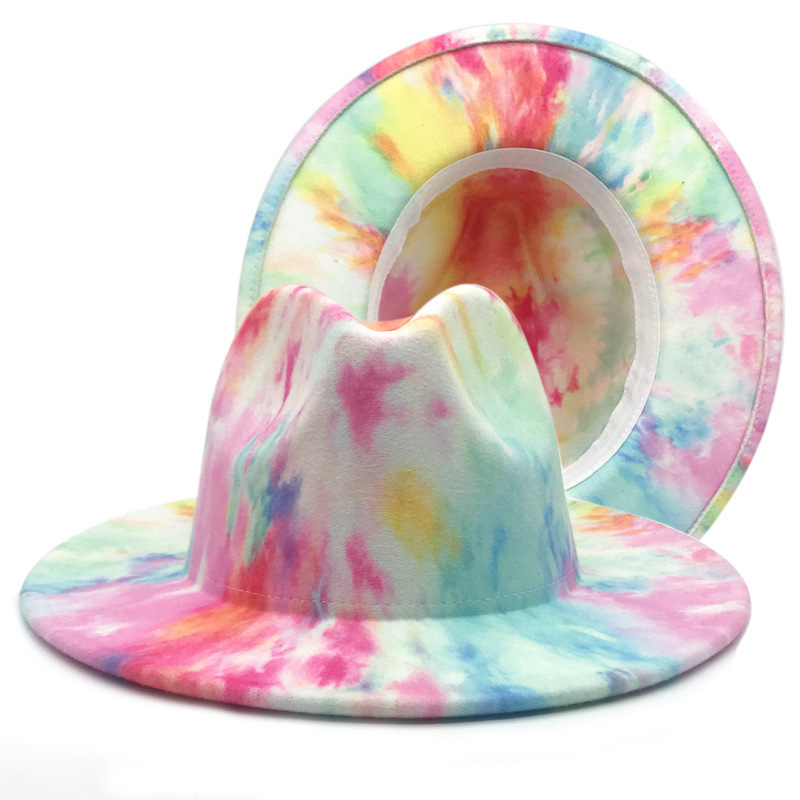 Double-sided tie dye woolen top hat wide brim panama hat floppy fedoras hight quality outdoor travel beach hat