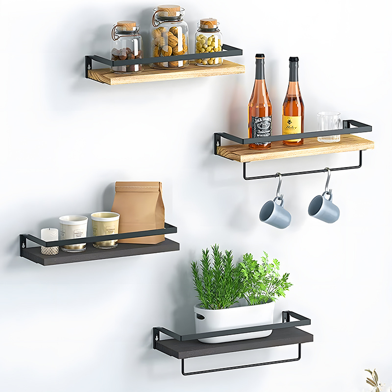 Home 2 Set Iron Wall Shelves Holder Wooden Floating Shelves Bathroom Shelf With Towel Bar