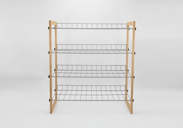 4 tier bamboo shoes rack shelf storage organizer  iron metal wire detachable removable with Natural Bamboo Frame