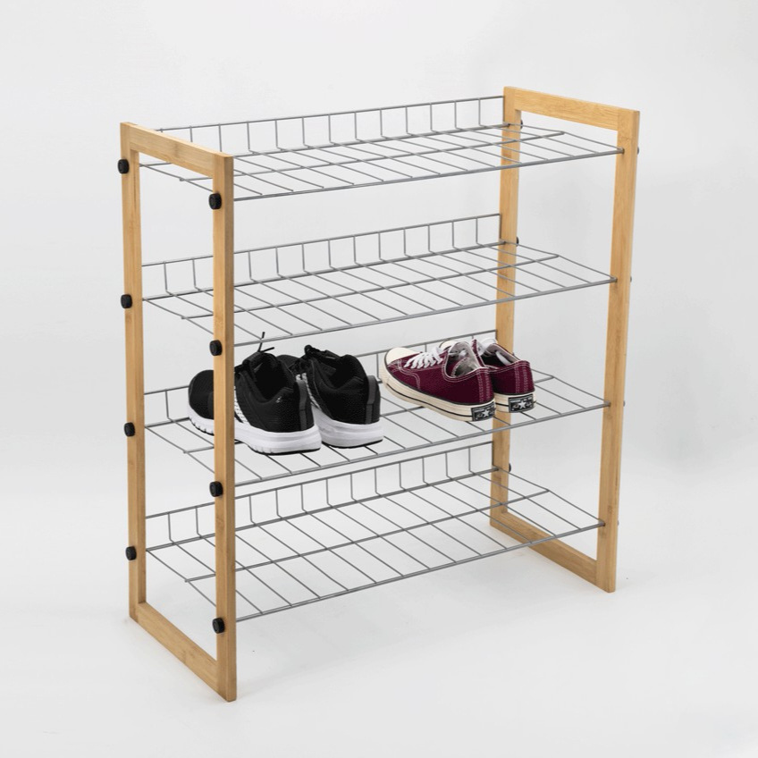 Bamboo frame 4 tier shoes rack shelf organizer storage metal wire detachable removable