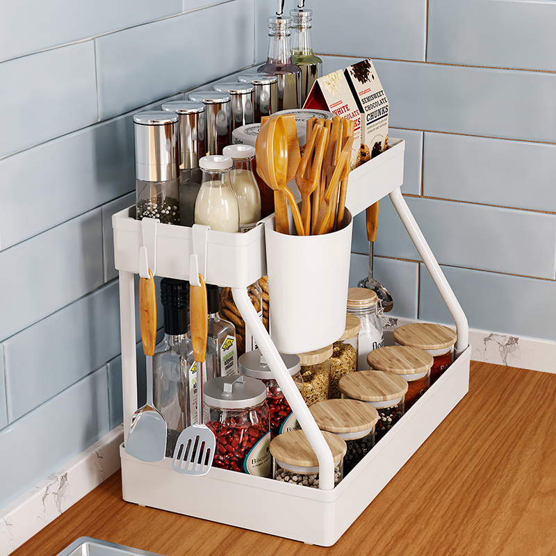 Free Standing 2 Tier Under The Sink Cabinet Countertop Organizer Storage Container Drawer Spice Jar Rack With Hooks