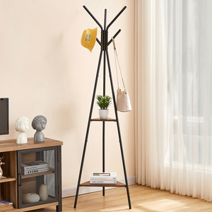 Living Room Industrial Furniture Hall Tree Hanging Metal Coat Rack Standing With 2 Shelves for Clothes Hat Bag