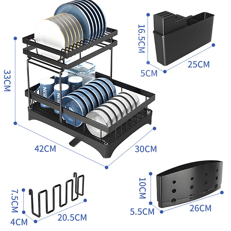 Kitchen Over The Sink Dish Drainer Storage Holder Plate Bowl 2 Tier Metal Standing Dish Drying Rack