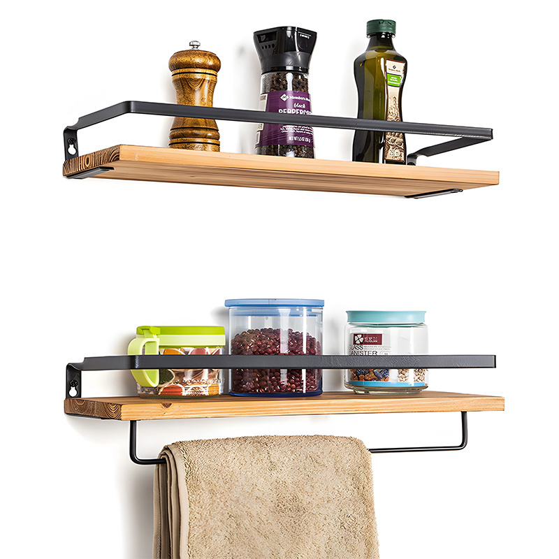 Home 2 Set Hanger Rack Display Metal Shelf Wooden Floating Shelves Wall Bracket Towel Bar