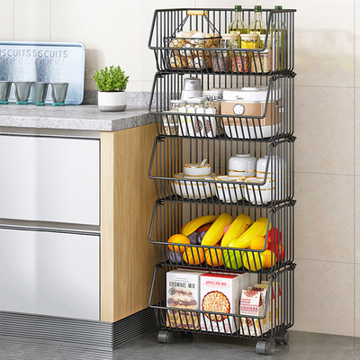 5 Tier Multifunction Fruit Vegetable Storage Basket Kitchen Standing Metal Storage Rack With Wheels