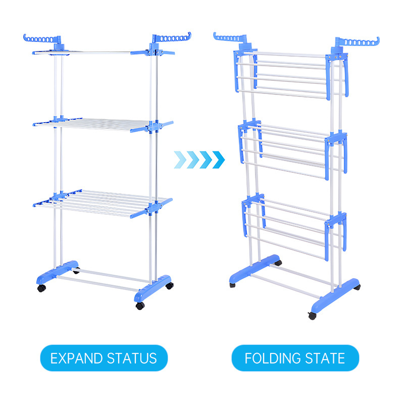 Multi-Function 3 Layers Laundry Hanger Standing Folding Clothes Hanging Coat Clothes Drying Rack