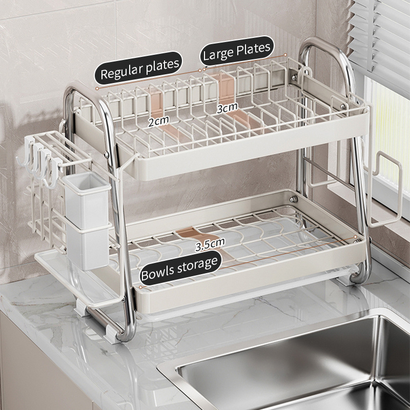 Dish Drying Rack Drainer Stainless Steel 2 Tier Metal Kitchen Bowl Tray Drain Organizer Holder Storage Rack