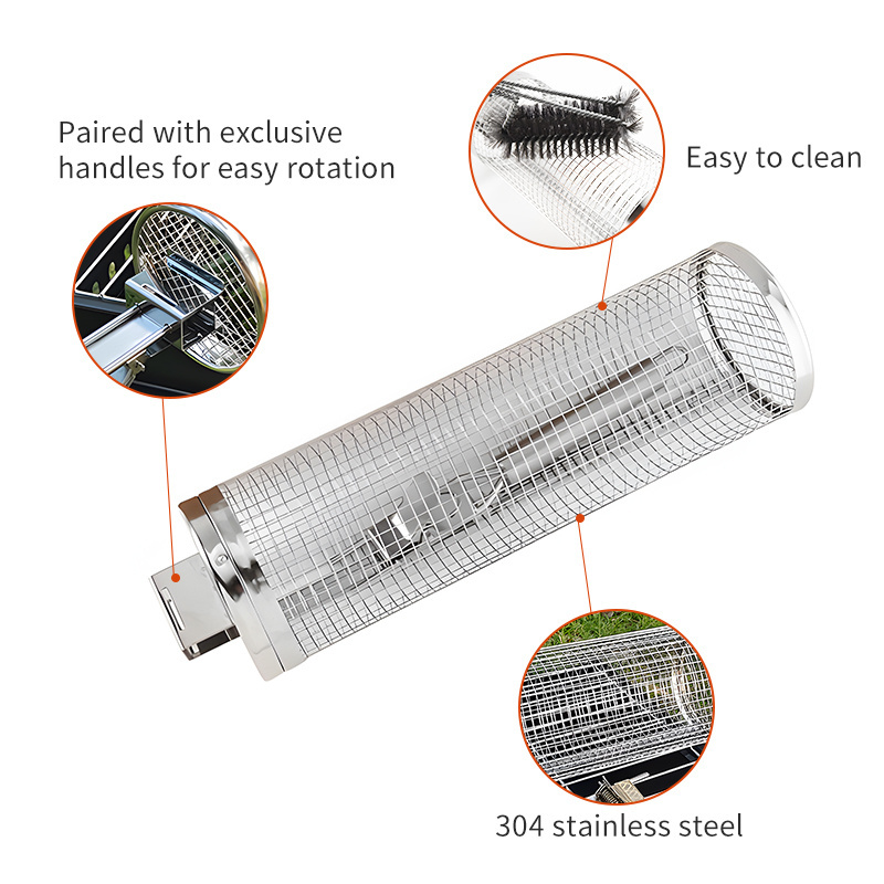 BBQ Net Tube Stainless Steel 304 Rolling Grilling Basket Portable Outdoor Camping Round Barbecue Basket