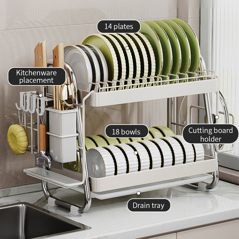 Dish Drying Rack Drainer Stainless Steel 2 Tier Metal Kitchen Bowl Tray Drain Organizer Holder Storage Rack