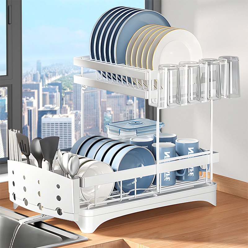 Dish Drainer Rack Detachable 2 Tier Sink Drying Rack Kitchen Accessories Organizer Metal Draining Shelf