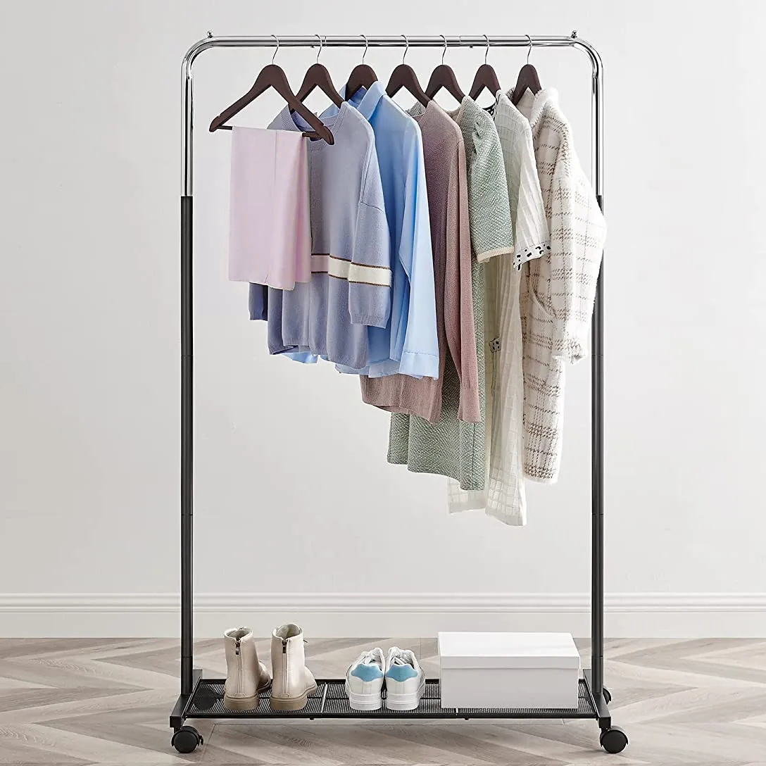 Adjustable Space Saving Luxury Metal Door Black Wire Clothing Coat Hanger Coat Rack Stand On Wheels