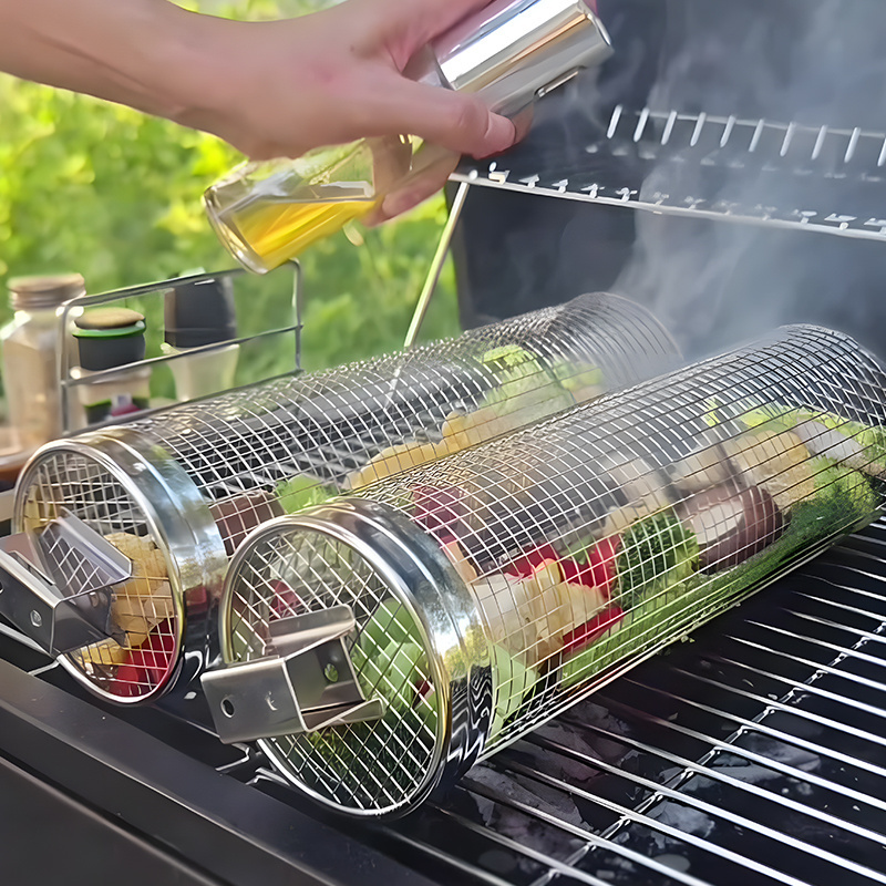 BBQ Net Tube Stainless Steel 304 Rolling Grilling Basket Portable Outdoor Camping Round Barbecue Basket