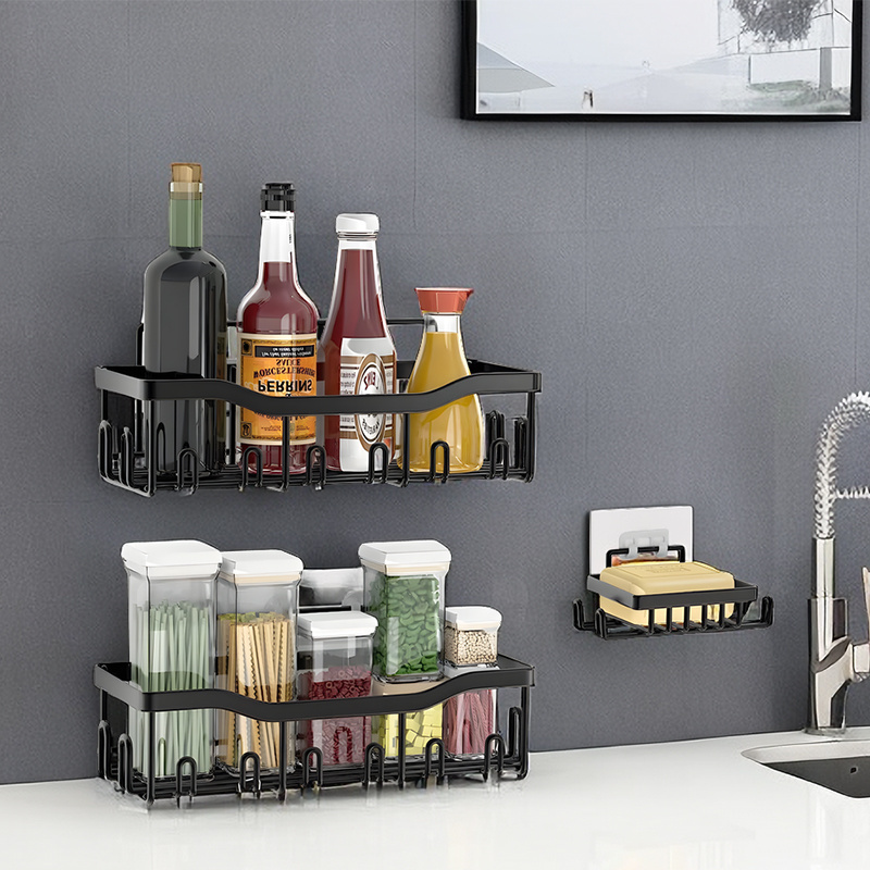 Customizable Wall-Mounted Bathroom Accessories Organizer Basket Black Adhesive Shelf Shower Caddy