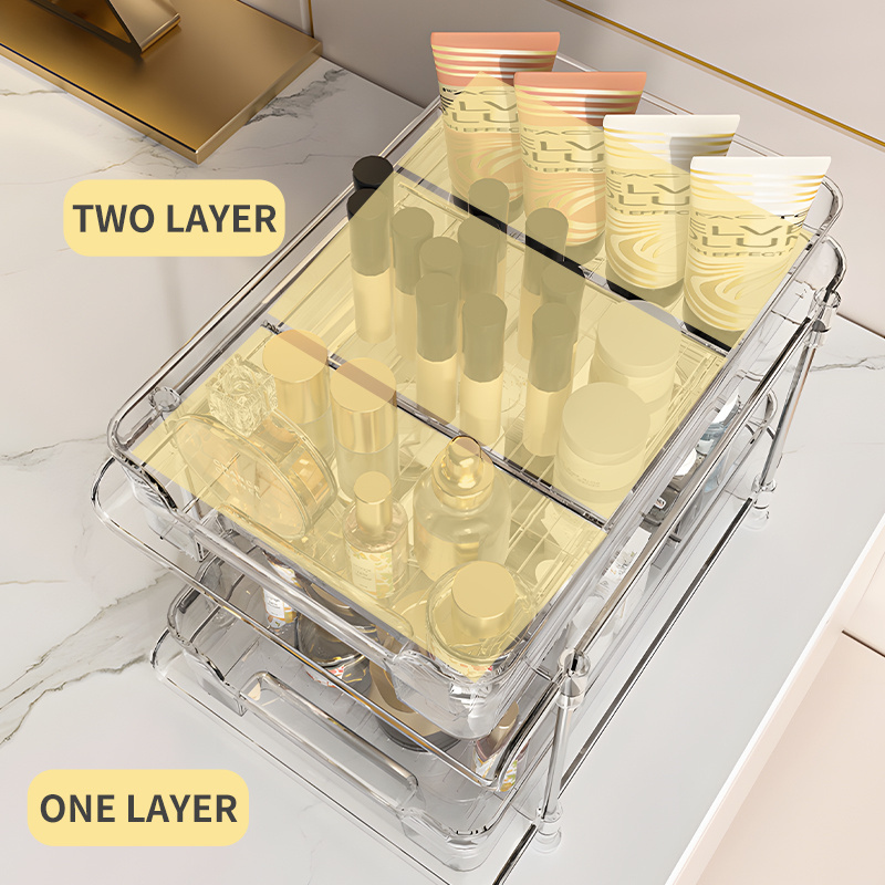 Newest 2 Tier Clear Bathroom Under Sink Storage Box Pull Out Make Up Organizer Cabinet