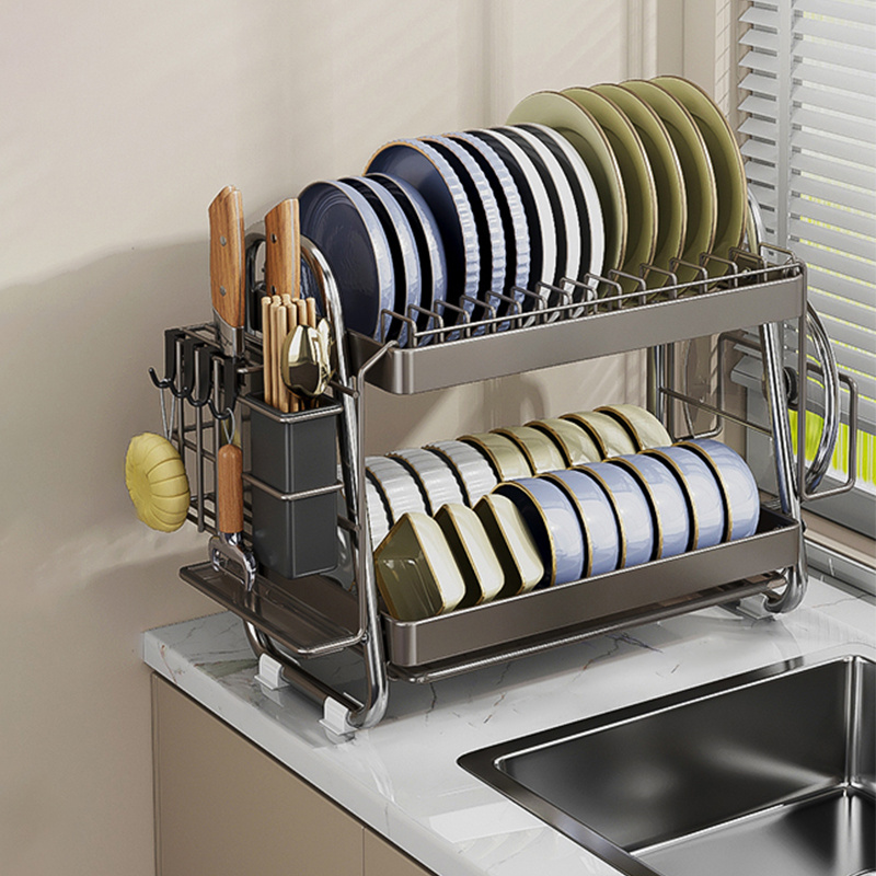 Dish Drying Rack Drainer Stainless Steel 2 Tier Metal Kitchen Bowl Tray Drain Organizer Holder Storage Rack