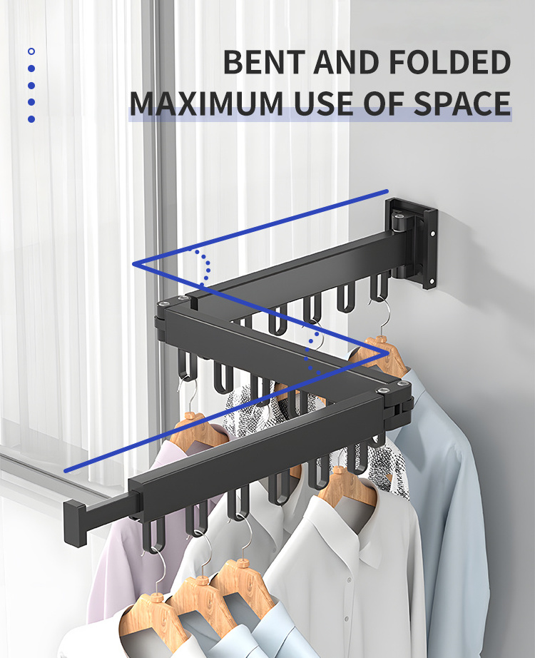 Aluminum Laundry Extend Clothes Dying Folding Hanger Wall Mount Retractable Cloth Drying Rack